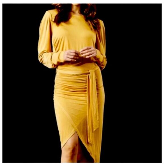 Young Fabulous & Broke Marigold Yellow Midi Drape Ruched Dress Backless Large - Picture 1 of 14